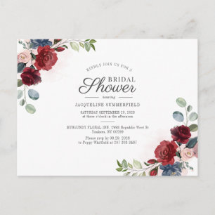 Invitation Carte Postale Floral Bourgogne Aquarelle Fête des mariées Bleue
