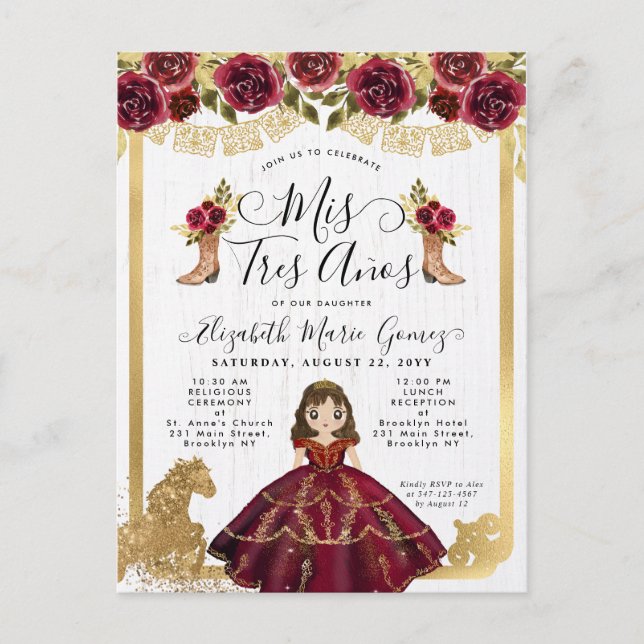 Invitation Carte Postale Floral Bourgogne Gold Princesse Mis 3 Años Anniver (Devant)
