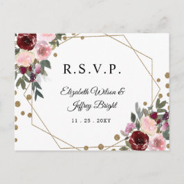 Invitation Carte Postale Floral Bourgogne Parties scintillant or RSVP géomé