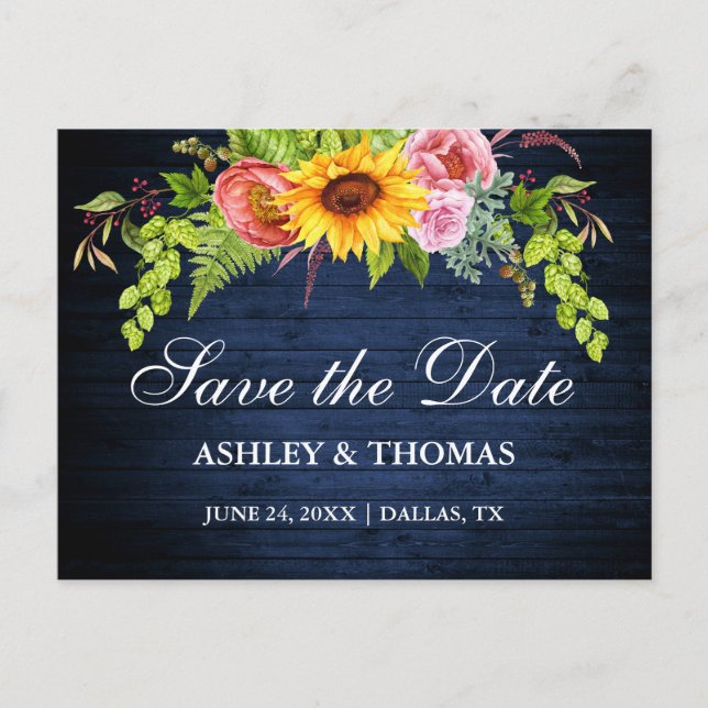 Invitation Carte Postale Floral De Tournesol En Bois Bleu Rustique Enregist (Devant)