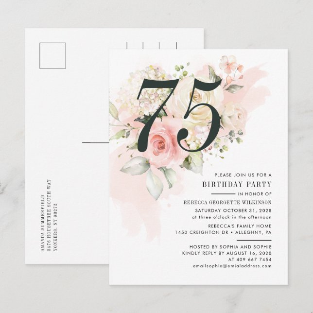 Invitation Carte Postale Floral Eucalyptus Foliage rose 75e fête d'annivers (Devant / Derrière)