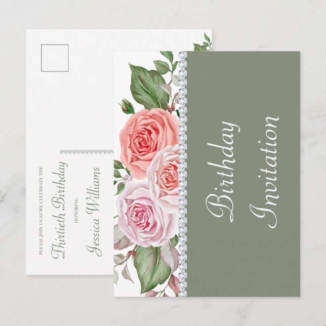 Invitation Carte Postale Floral féminin & Diamant 30e anniversaire (Devant / Derrière)