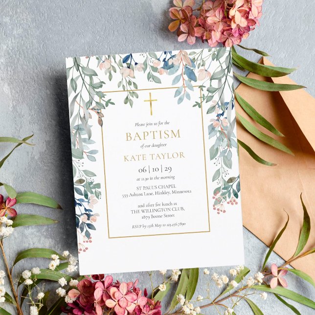 Invitation Carte Postale Floral Foliage Gold Cross Baptême Christening (Créateur téléchargé)