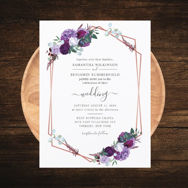 Invitation Carte Postale Floral Mariage de fleurs géométriques violettes (Purple Floral Geometric Script Wedding Invitation Postcard)