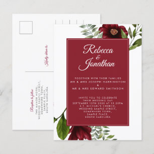 Invitation Carte Postale Floral Mariage rouge Bourgogne