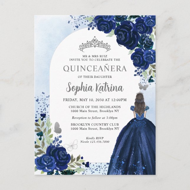 Invitation Carte Postale Floral Marine Blue Argent Gown Anniversaire Quince (Devant)