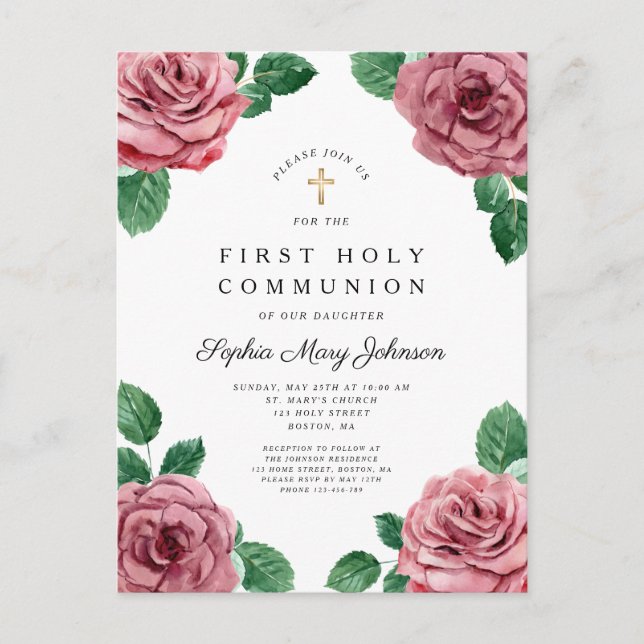 Invitation Carte Postale Floral Pink Peonies Fille Religieux Première Commu (Devant)