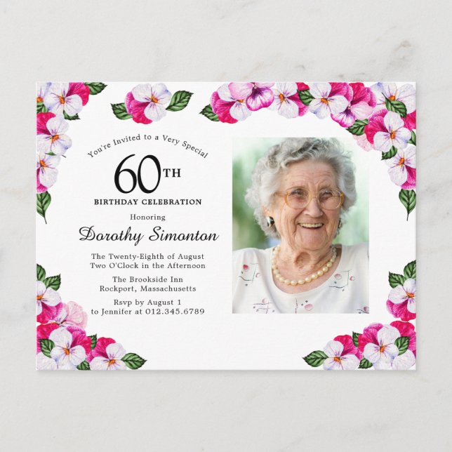 Invitation Carte Postale Floral rose blanc 60e anniversaire (Devant)