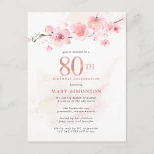 Invitation Carte Postale Floral rose pâle 80e anniversaire