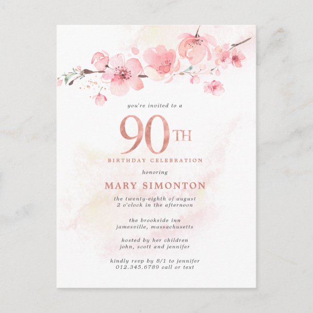 Invitation Carte Postale Floral rose pâle 90e anniversaire (Devant)