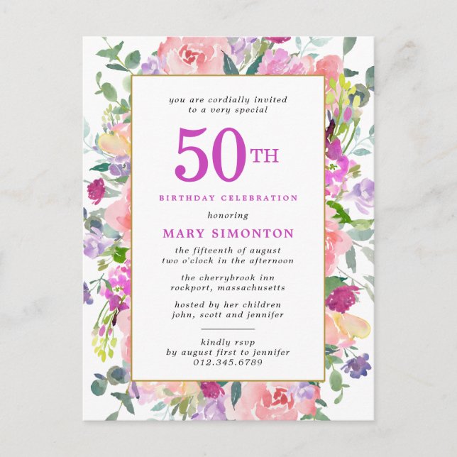 Invitation Carte Postale Floral rose pourpre 50e anniversaire (Devant)