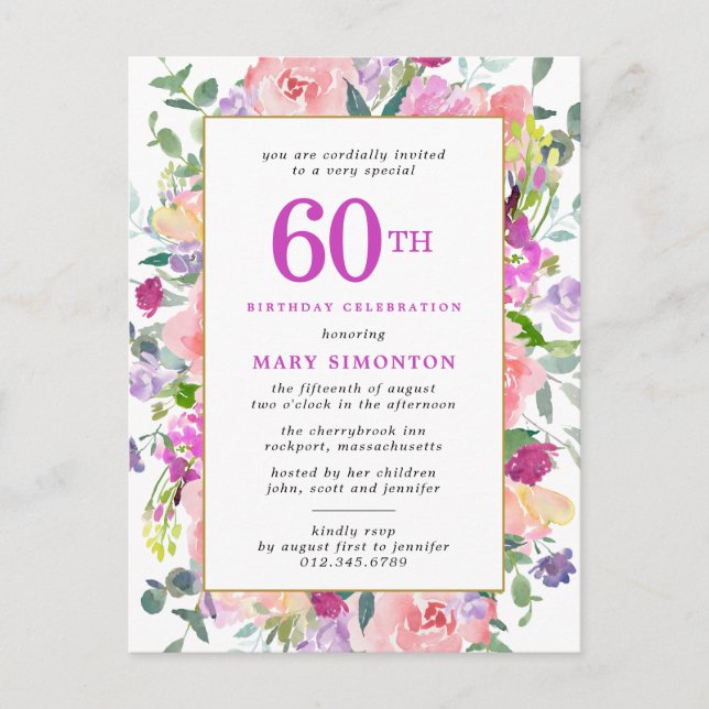 Invitation Carte Postale Floral rose pourpre 60e anniversaire (Devant)