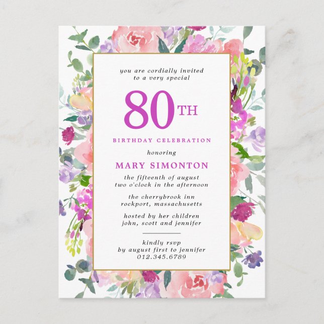 Invitation Carte Postale Floral rose pourpre 80e anniversaire (Devant)