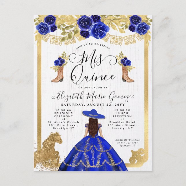 Invitation Carte Postale Floral Royal Blue Gold Charra Princesse Quinceaner (Devant)
