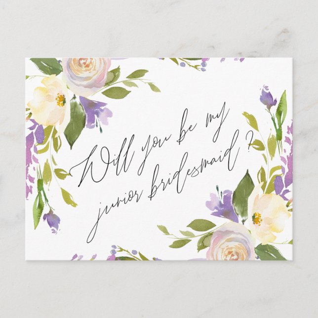 Invitation Carte Postale Floral Vert Violet Soyez Ma Jeune Femme D'Accueil (Devant)