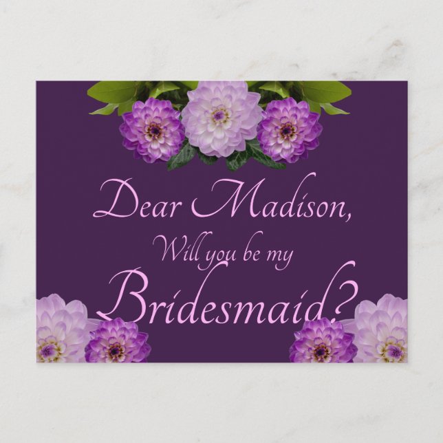 Invitation Carte Postale Floral Violet Dahlia Serez-Vous Ma Femme D'Accueil (Devant)