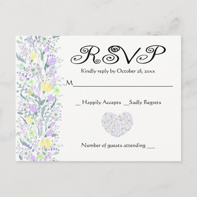 Invitation Carte Postale Floral Violet & Jaune RSVP Fleurs de mariage (Devant)