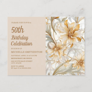 Invitation Carte Postale Florale d'or beige femme 50e anniversaire