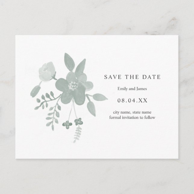 Invitation Carte Postale Flore d'aquarelle verte simple Enregistrer la date (Devant)