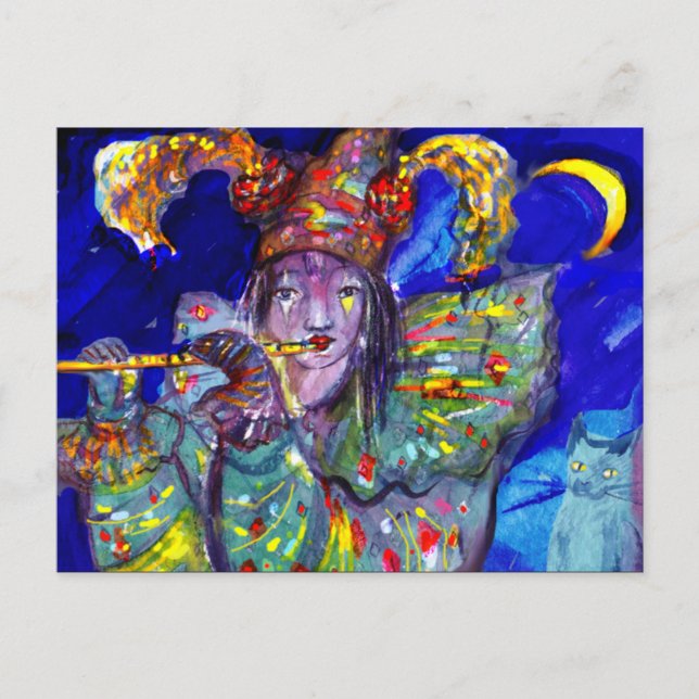 Invitation Carte Postale FLUTISTE EN BLEU Carnaval Mascarade (Devant)