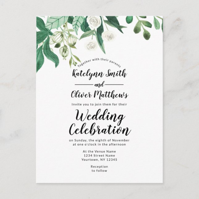 Invitation Carte Postale Foliage frais Botanique Haut Frontière Mariage ten (Devant)