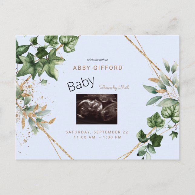 Invitation Carte Postale Foliage Ultrasound Or & Baby shower bleu par courr (Devant)