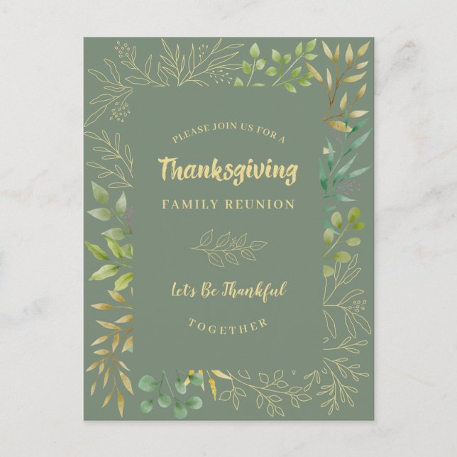 Invitation Carte Postale Foliole d'automne de Thanksgiving Vert aquarelle (Devant)