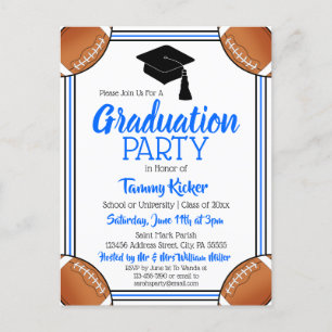 Invitation Carte Postale Football Blue & Black Graduation Party