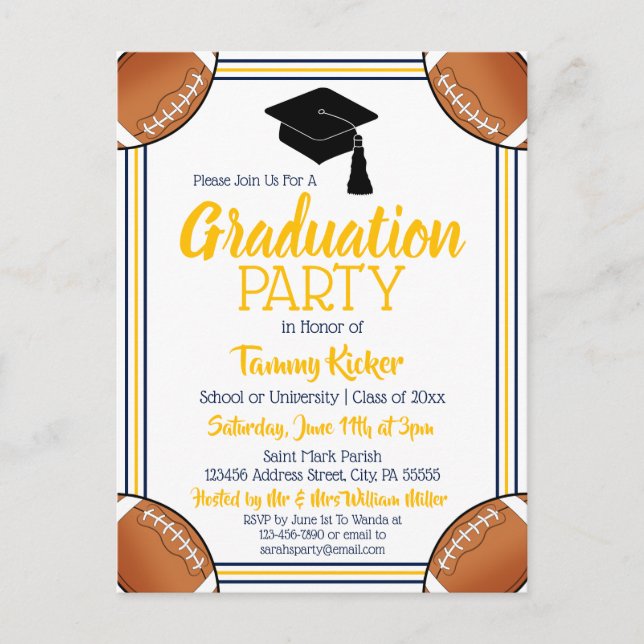 Invitation Carte Postale Football Marine & Gold Graduation Party (Devant)