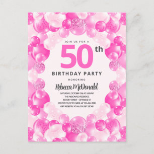 Invitation Carte Postale Fun Pink Balloons Faux Parties scintillant 50e ann