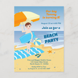 Invitation Carte Postale Garçon bodyboard plaisir fête d'anniversaire plage