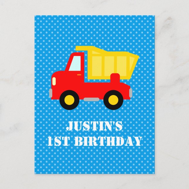 Invitation Carte Postale Garçons 1er anniversaire de construction benne car (Devant)