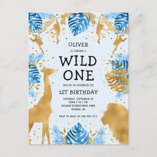 Invitation Carte Postale Garçons 1er anniversaire fête Blue Jungle Safari