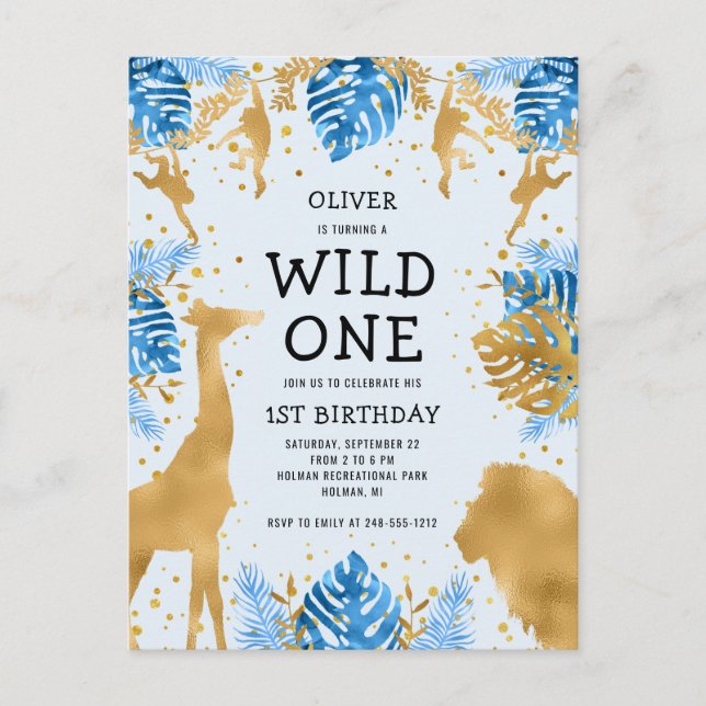 Invitation Carte Postale Garçons 1er anniversaire fête Blue Jungle Safari (Devant)