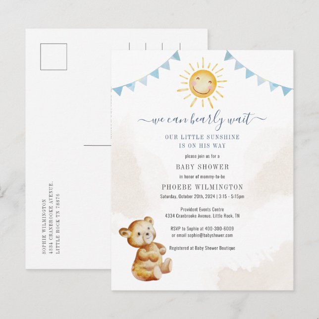 Invitation Carte Postale Garçons Baby shower Ours et soleil Aquarelle (Devant / Derrière)