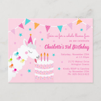 Invitation Carte Postale Gâteau tout Llama amusant 3e anniversaire rose