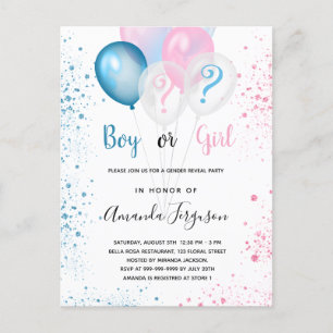 Invitation Carte Postale Genre révéler baby shower bleu rose garçon fille