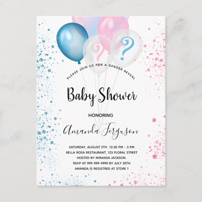 Invitation Carte Postale Genre révéler baby shower bleu rose garçon fille i (Devant)