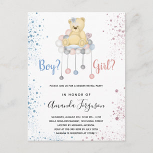 Invitation Carte Postale Genre révéler baby shower ours en peluche bleu ros