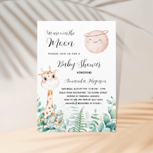 Invitation Carte Postale girafe de baby shower lune eucalyptus bois