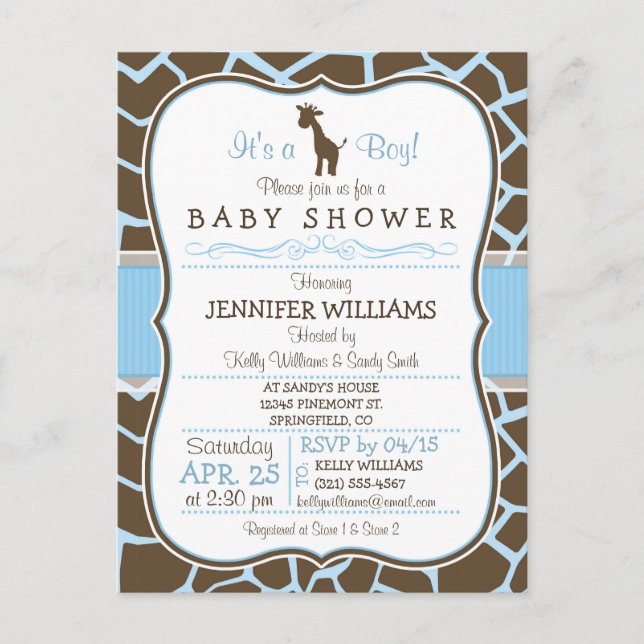 Invitation Carte Postale Giraffe bleue Imprimer Baby shower garçon Invitati (Devant)