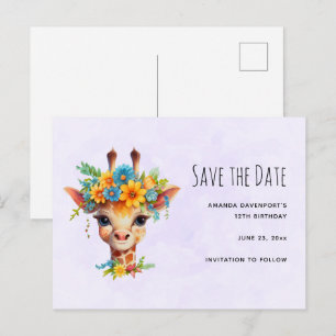 Invitation Carte Postale Giraffe mignonne avec couronne florale Enregistrer