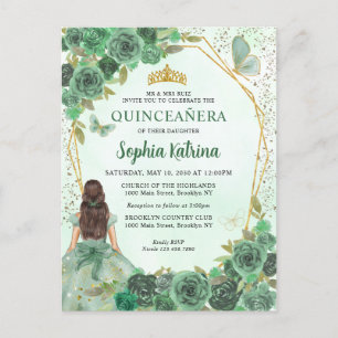 Invitation Carte Postale Girl Dusty Green Gold Floral Princess Quinceañera