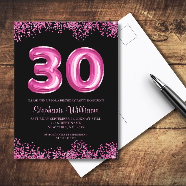 Invitation Carte Postale Glam Black Pink Foil 30e fête d'anniversaire (Personalize with your party details.  Matching items available in collection)