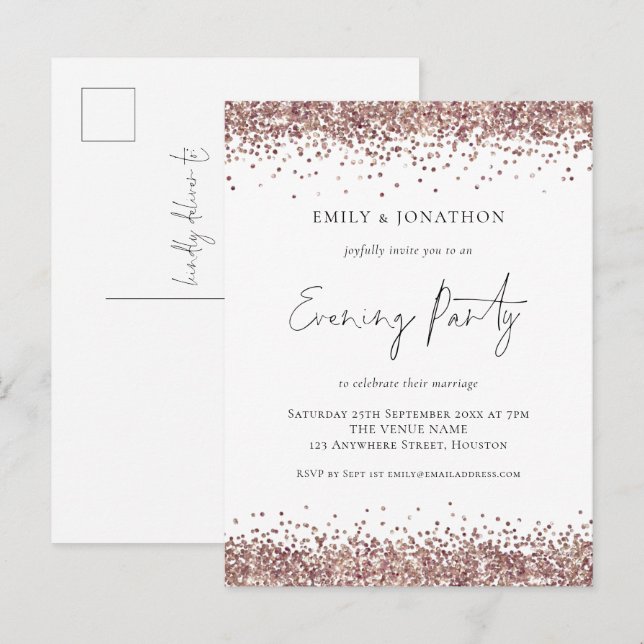 Invitation Carte Postale Glam Rose Gold Parties scintillant Mariage Soirée (Devant / Derrière)