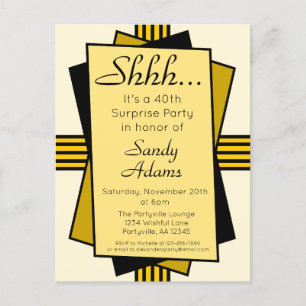 Invitation Carte Postale Gold Art déco 40e fête de surprise Anniversaire