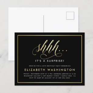 Invitation Carte Postale Gold & Black Surprise Anniversaire