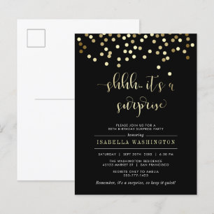 Invitation Carte Postale Gold Confetti Surprise fête d'anniversaire