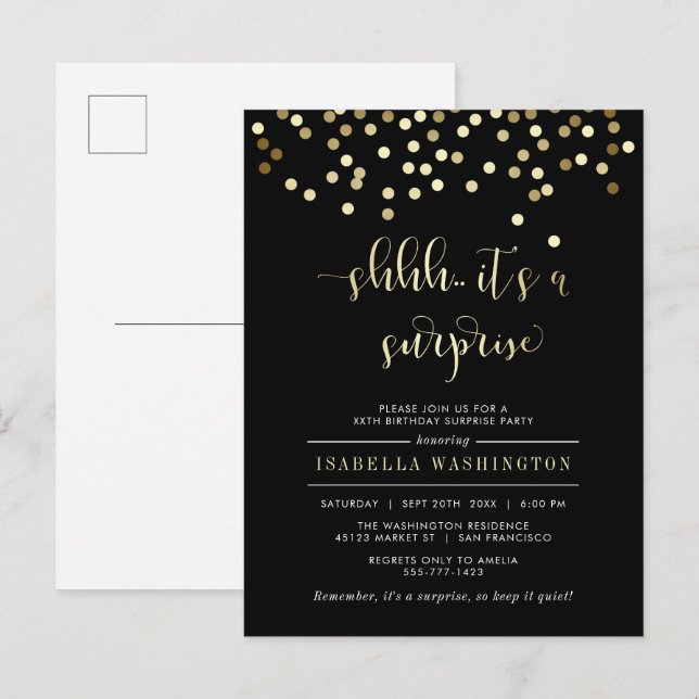 Invitation Carte Postale Gold Confetti Surprise fête d'anniversaire (Devant / Derrière)