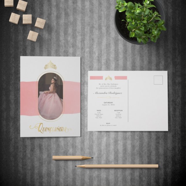 Invitation Carte Postale Gold et Rose rose photo Quinceanera (Créateur téléchargé)